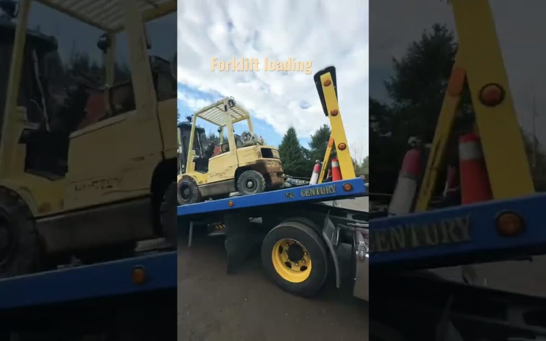 Experienced and SpeedyForklift loading onto flatbed tow truck with secure chain and hooks