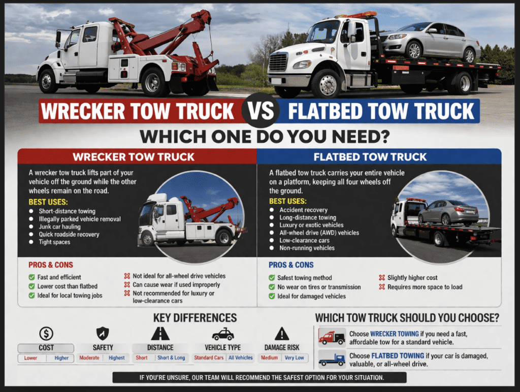Wrecker Tow Truck vs Flatbed Tow Truck – Which One Is Best in Renton, WA?